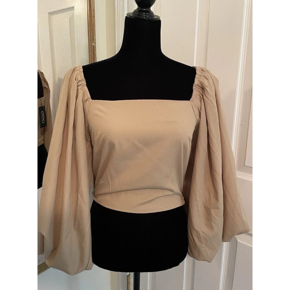 New Peasant Square Neck Cropped Top Dramatic Puff Sleeve Beige Size Medium‎ Boho